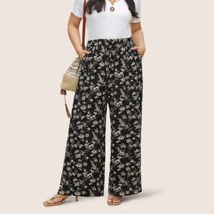 BloomChic Plus Size Floral Black Wide-Leg Pants